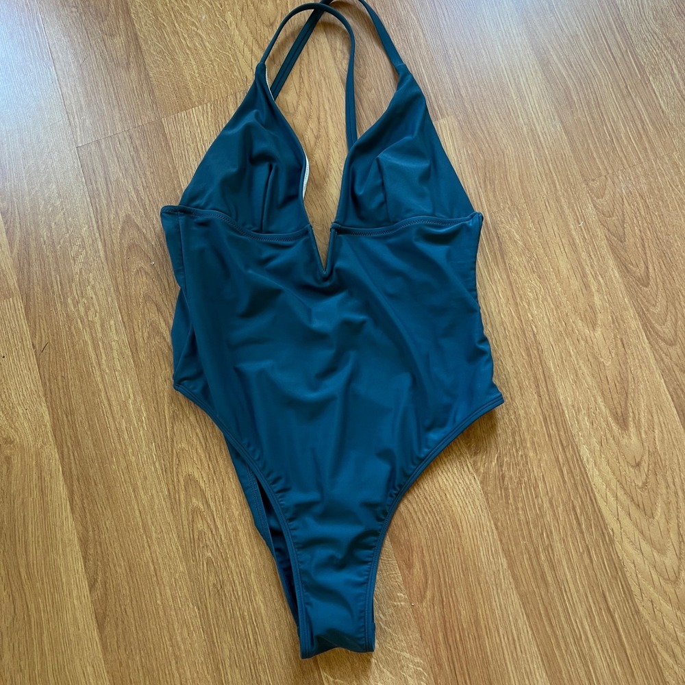 Teal Blue Plunging V-Neck Swimsuit S High Cut One Piece Adjustable Straps Beach